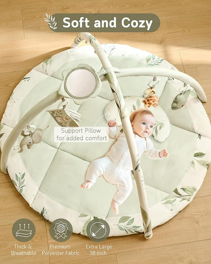 Fortella Baby Play Gym & Activity Mat, Machine Washable & Foldable Tummy Time Mat with 5 Detachable Toys, Certified Safe Newborn Essentials Gift for Baby Registry 0-12 Months (Sage Green)