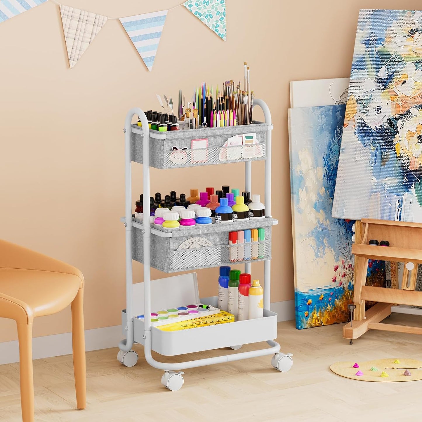 Modanais Baby Diaper Caddy Organizer Cart - 3 Tier Rolling Storage Cart with Wheels, Baby Essentials for Nursery Storage, Detachable Dividers - for Crib, Bedroom, Art & Craft Organizer (Black)