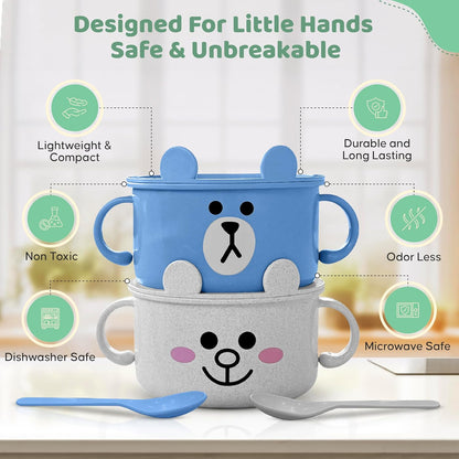 Unbreakable Bowls for Babies & Toddlers with Spoon and Lid, Eco-Friendly Wheat Straw, Stay Put Suction, BPA-Free, Microwave & Dishwasher Safe, Lightweight, No Soap Taste (Blue&White)