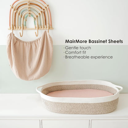 MairMore 2 Pack Muslin Fitted Bassinet Sheets for Babies, Soft & Breathable 100% Cotton Bedside Sleeper Bassinet Sheet, Moses Basket Oval Rectangle Pad/Mattress (Pink Blossom)