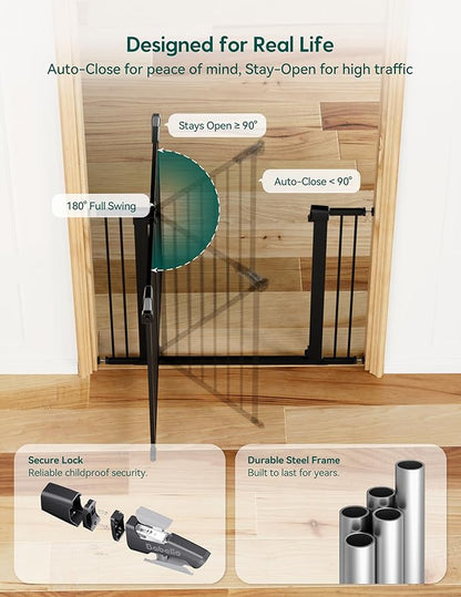 Babelio 36" Tall Baby Gate, 29-48" Auto-Close and Pressure Mounted Baby Gate for Stairs, Doorways, Hallway, PressGuard P7, Easy Walk Thru Pet Gate, Black