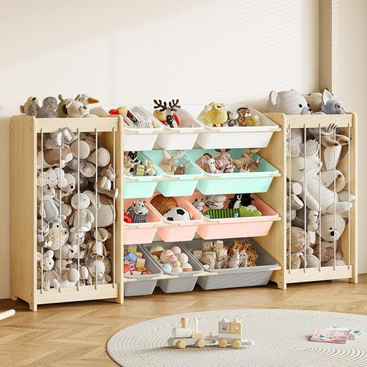 EXPERLAM Large Toy Storage Organizer, Wooden Stuffed Animal Storage & 12-Bins Toy Organizer, Double-Sided Plush Toy Holder Featuring Thicker Ropes, Space Save Playroom Bedroom Nursery Storage, Multi