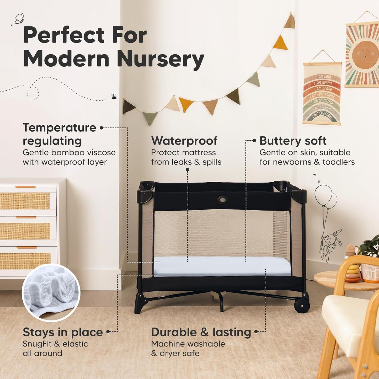 2-Pack Waterproof Pack and Play Sheets, Mini Crib Sheets Fitted for Boy, Girl - 38 x 26 Viscose from Bamboo Pack N Play Mattress Sheets for Graco, Toddler Playard Baby Crib Sheets Neutral (Blue Flax) - Colors B