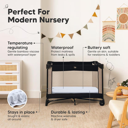 2-Pack Waterproof Pack and Play Sheets, Mini Crib Sheets Fitted for Boy, Girl - 38 x 26 Viscose from Bamboo Pack N Play Mattress Sheets for Graco, Toddler Playard Baby Crib Sheets Neutral (Blue Flax) - Colors B