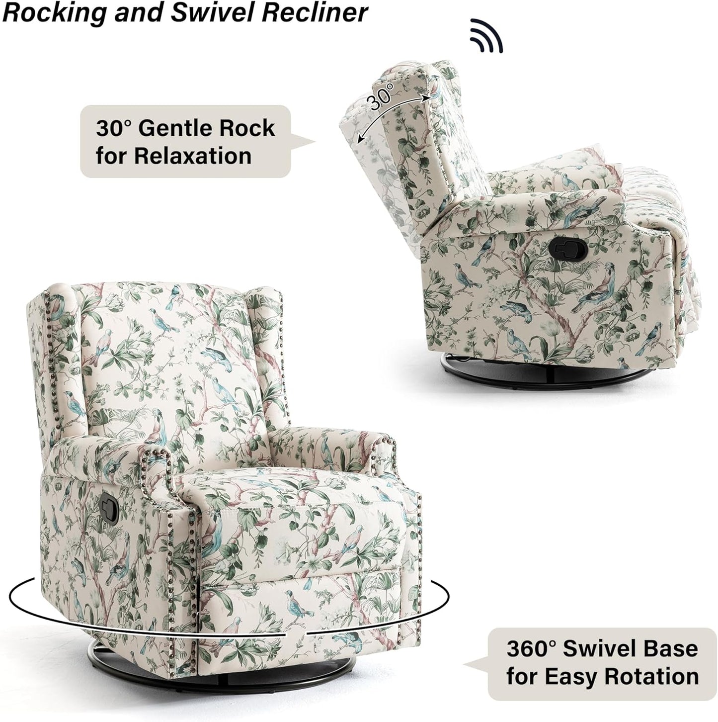 Swivel Rocker Recliner Chair, Manual Nursery Glider Recliner, Floral Fabric Wingback Accent Chair with Adjustable Backrest & Footrest for Small Spaces Living Room Bedroom (Plants Floral, Set of 1)