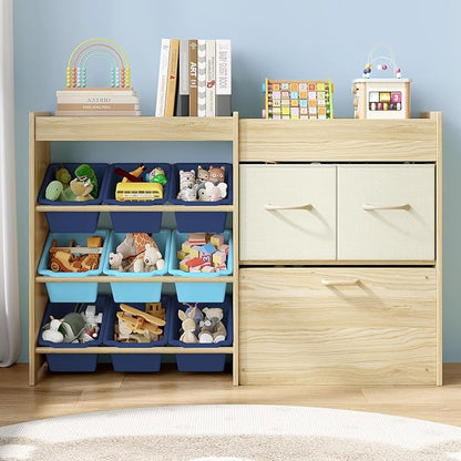 EXPERLAM Toy Storage Organizer for Kids, 9-Bin Toy Organizer with 2-Drawers,Movable Toy Chest and Top Rack, Kids Bookshelf and Toy Storage for Playroom, Bedroom, Nursery, Blue