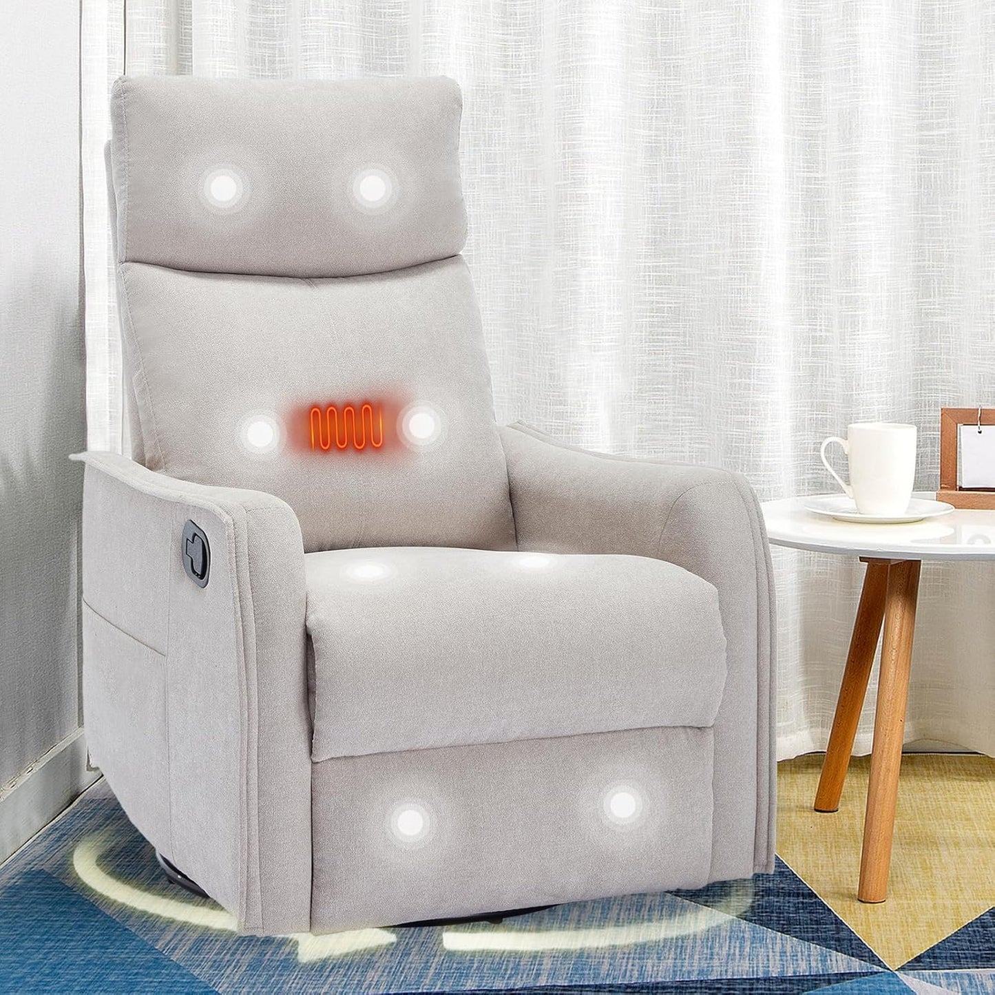 cinkehome Swivel Rocker Recliner, Glider Rocker Recliner Chair for Nursery, Manual Reclining Chair with Heated Massage, Small Spaces, Living Room, Khaki Chenille