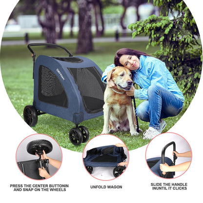 Large Dog Travel Stroller with 4 Heavy Duty Wheels Pet Stroller with Adjustable Handle - Double Doggie Capacity Jogger Wagon with Back Front Door for Small Medium Large Dogs (Dark Light Gray)