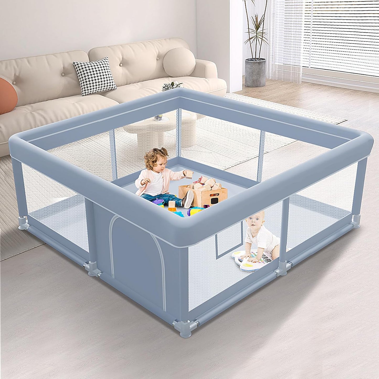 XVISHX 65 x 50 Inch Baby Playpen, Playpen for Babies and Toddlers, Baby Play Pen Playard for Indoor & Outdoor Active Center Game Fence, with Skin-Friendly Fabric and Soft Breathable Mesh, Grey