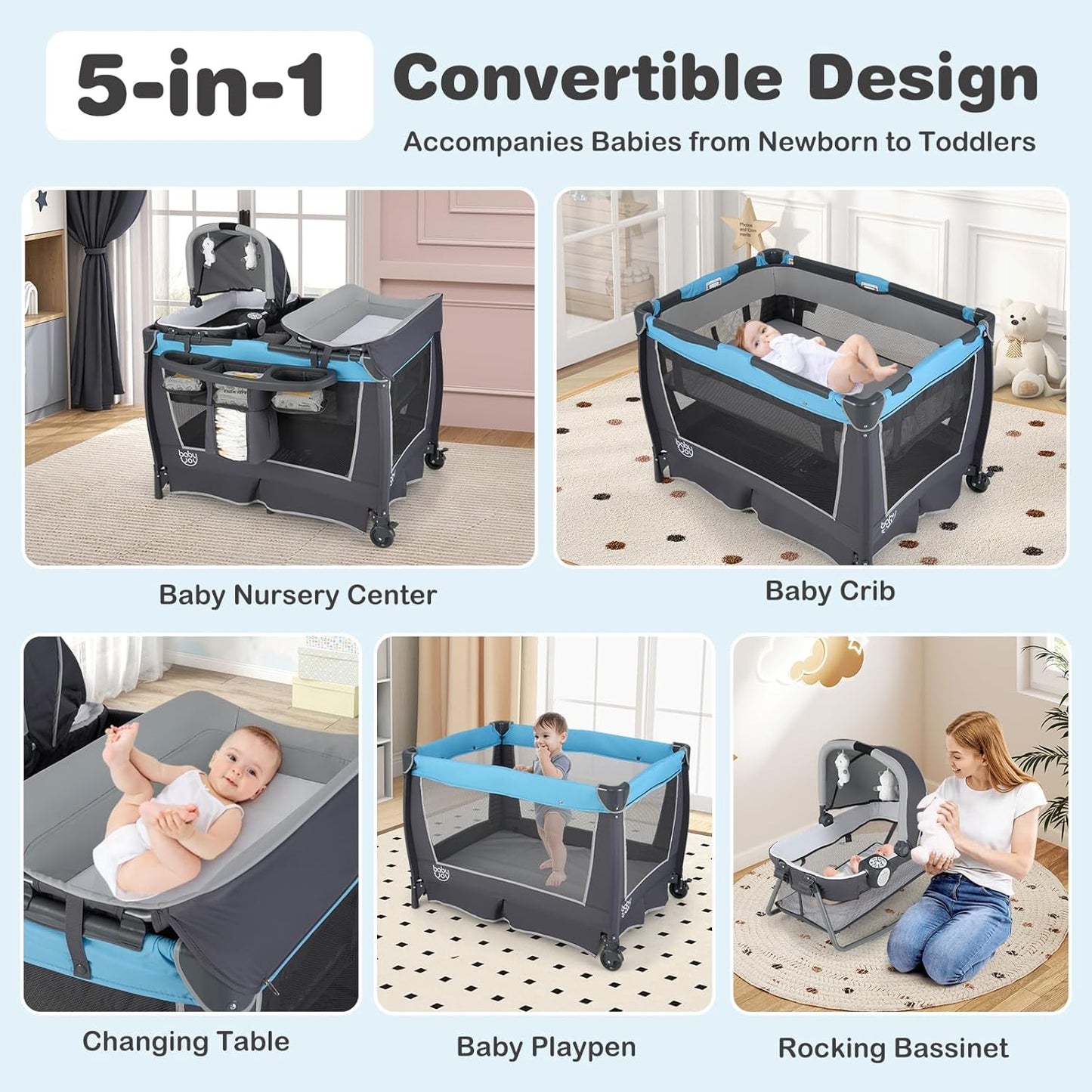 BABY JOY 5 in 1 Pack and Play, Portable Nursery Center Baby Playard w/Bassinet & Diaper Changing Table, Bag, Infant Bassinet Crib Activity Center for Baby Toddlers Indoor Outdoor (Royal Blue, Classic)