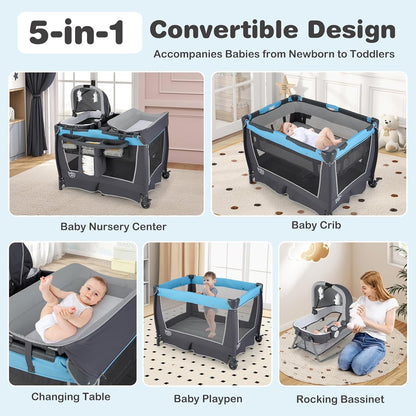 BABY JOY 5 in 1 Pack and Play, Portable Nursery Center Baby Playard w/Bassinet & Diaper Changing Table, Bag, Infant Bassinet Crib Activity Center for Baby Toddlers Indoor Outdoor (Royal Blue, Classic)