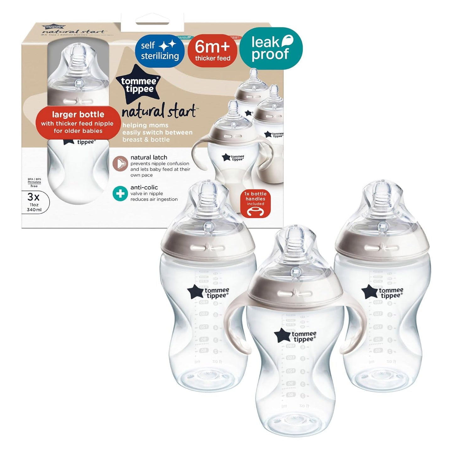 Tommee Tippee Natural Start Baby Bottle, 11oz, Thicker Feed, Breast-Like Nipple for Babies 6 Months+, Green and Teal, 2 Count