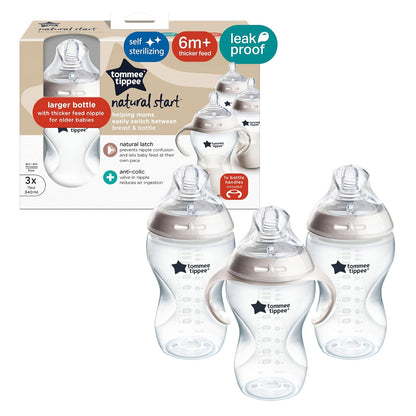 Tommee Tippee Natural Start Baby Bottle, 11oz, Thicker Feed, Breast-Like Nipple for Babies 6 Months+, Green and Teal, 2 Count