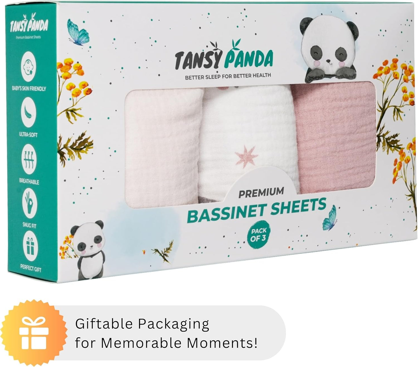 Muslin Bassinet Sheets for Angelbliss, Cowiewie, Amke, Jimglo, Suihuooo, Wayfong Baby Bassinet Bedside Sleeper by TansyPanda, 3PC, 20×33in, Ultra Soft, Breathable, Snug Fit, Unisex Boys Girls, Maadi