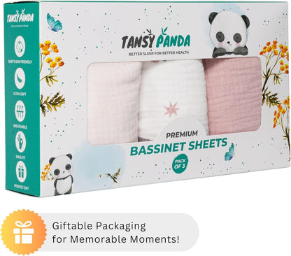 Muslin Bassinet Sheets for Angelbliss, Cowiewie, Amke, Jimglo, Suihuooo, Wayfong Baby Bassinet Bedside Sleeper by TansyPanda, 3PC, 20×33in, Ultra Soft, Breathable, Snug Fit, Unisex Boys Girls, Maadi