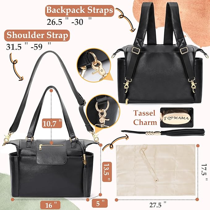 Omanmoli Diaper Bag Tote Leather Diaper Bag Backpack LargeBaby Diaper Bag 14 Diaper Bag Organizing Pouches,Changing Pad,Crossbody Strap,4 Insulated Pockets,Black