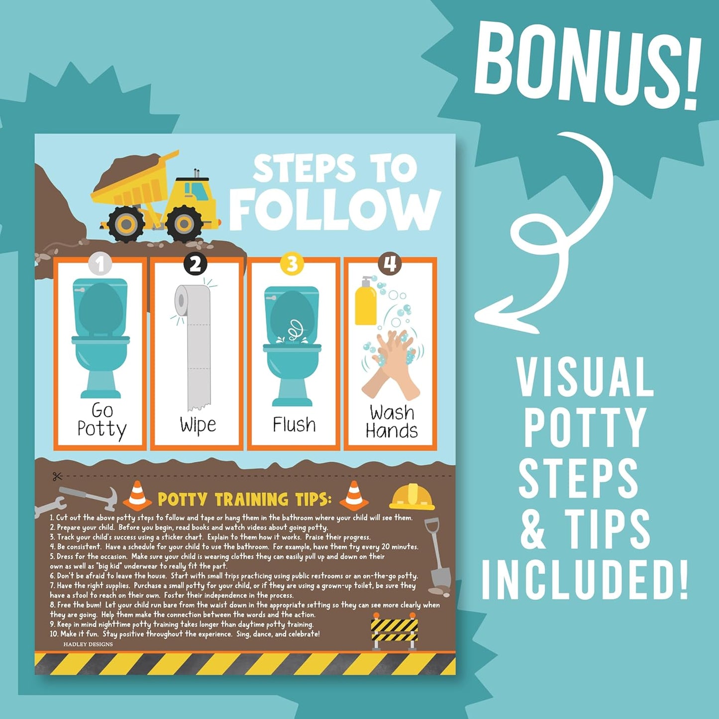 Hadley Designs Potty Training Chart for Toddlers Boys -10 Sticker Potty Chart for Toddlers Boys, 8.5x11" Potty Training Sticker Charts for Toilet Success, Monster Truck Toddler Reward Chart for Kids