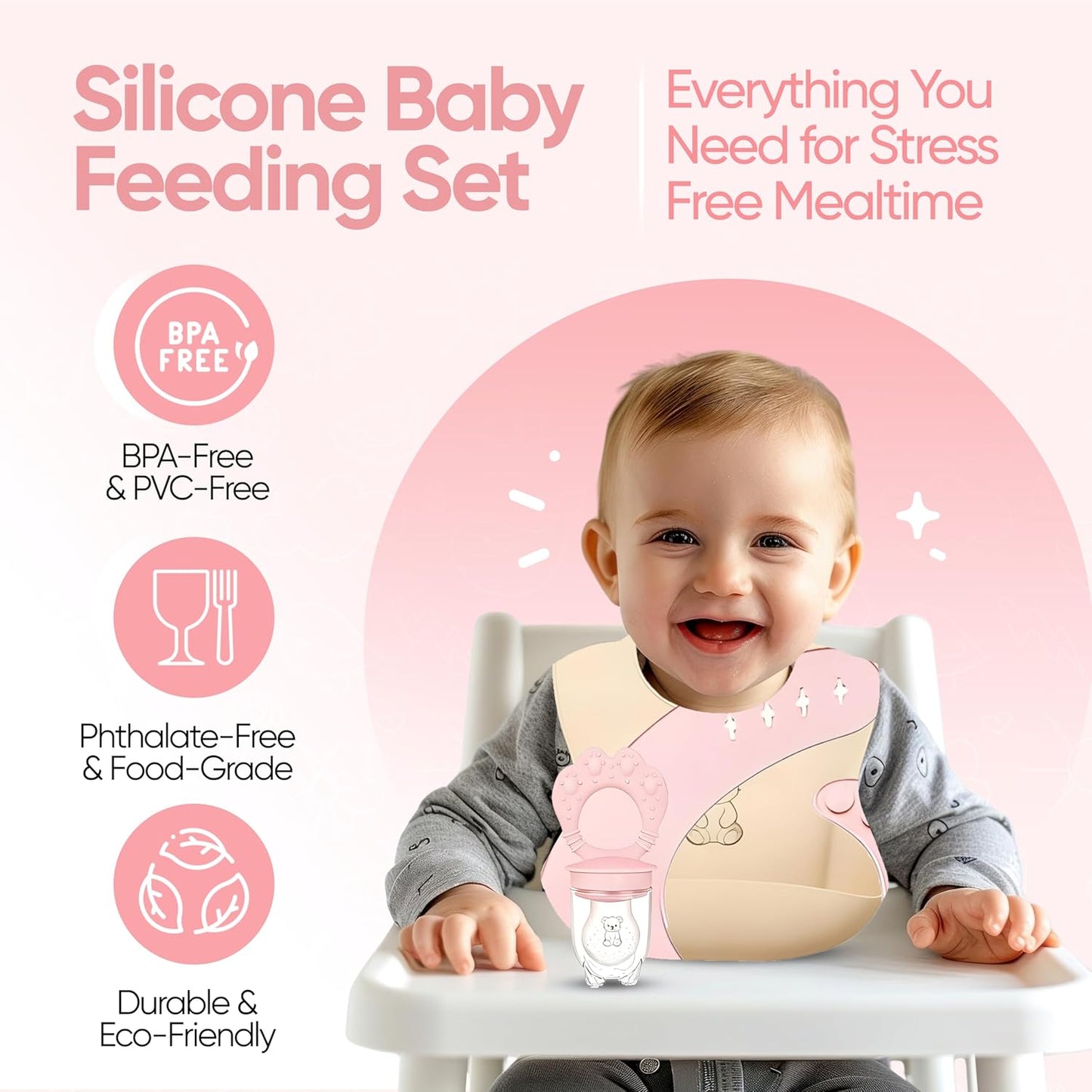9-Piece Silicone Baby Feeding Set | Suction Bowl, Plate, Bib, Cup, Fork & Spoon | BPA-Free Food-Grade Silicone Baby Tableware | Baby-Led Weaning | Dishwasher (Pink)
