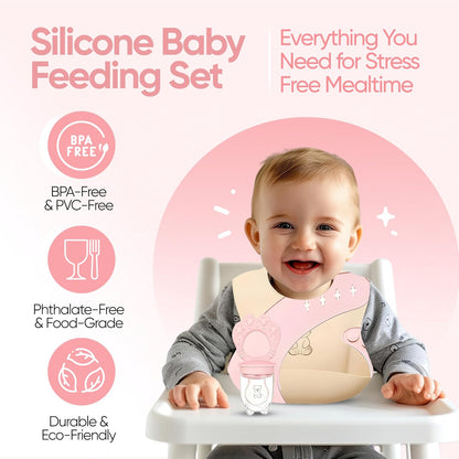 9-Piece Silicone Baby Feeding Set | Suction Bowl, Plate, Bib, Cup, Fork & Spoon | BPA-Free Food-Grade Silicone Baby Tableware | Baby-Led Weaning | Dishwasher (Pink)