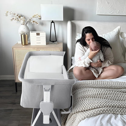 Cowiewie Bassinet Bedside Sleeper, Baby Bassinet with 7 Adjustable Height, Bedside Bassinet for Baby with Storage, Breathable Mesh & Mattress, Portable Bassinet Easy Folding (Pyramid Light Gray)