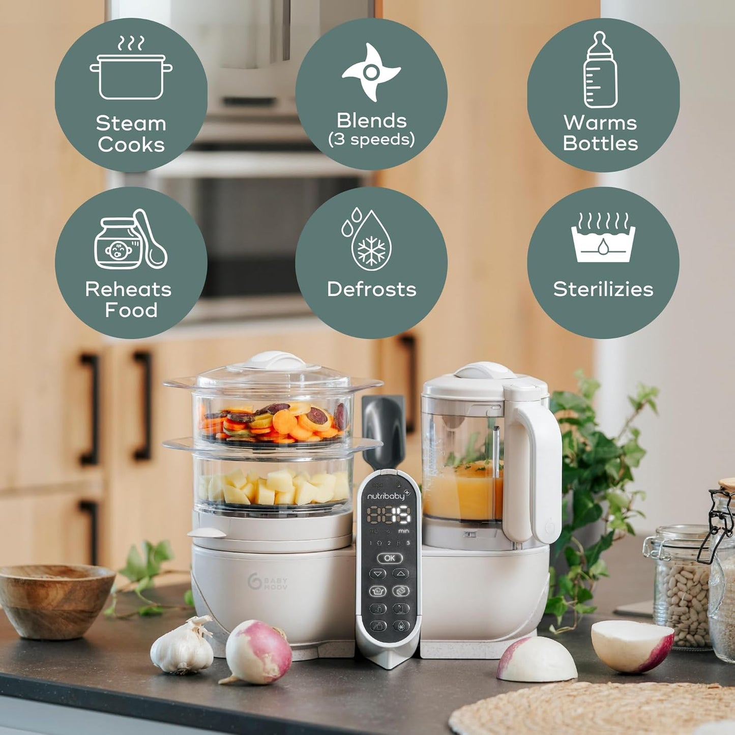 Babymoov Duo Meal Station 6-in-1: Multi-Speed Baby Food Maker, Steamer & Puree Blender, Baby Food Processor that Warms & Defrosts, Bottle Sterilizer (Nutritionist Approved), Mineral Beige