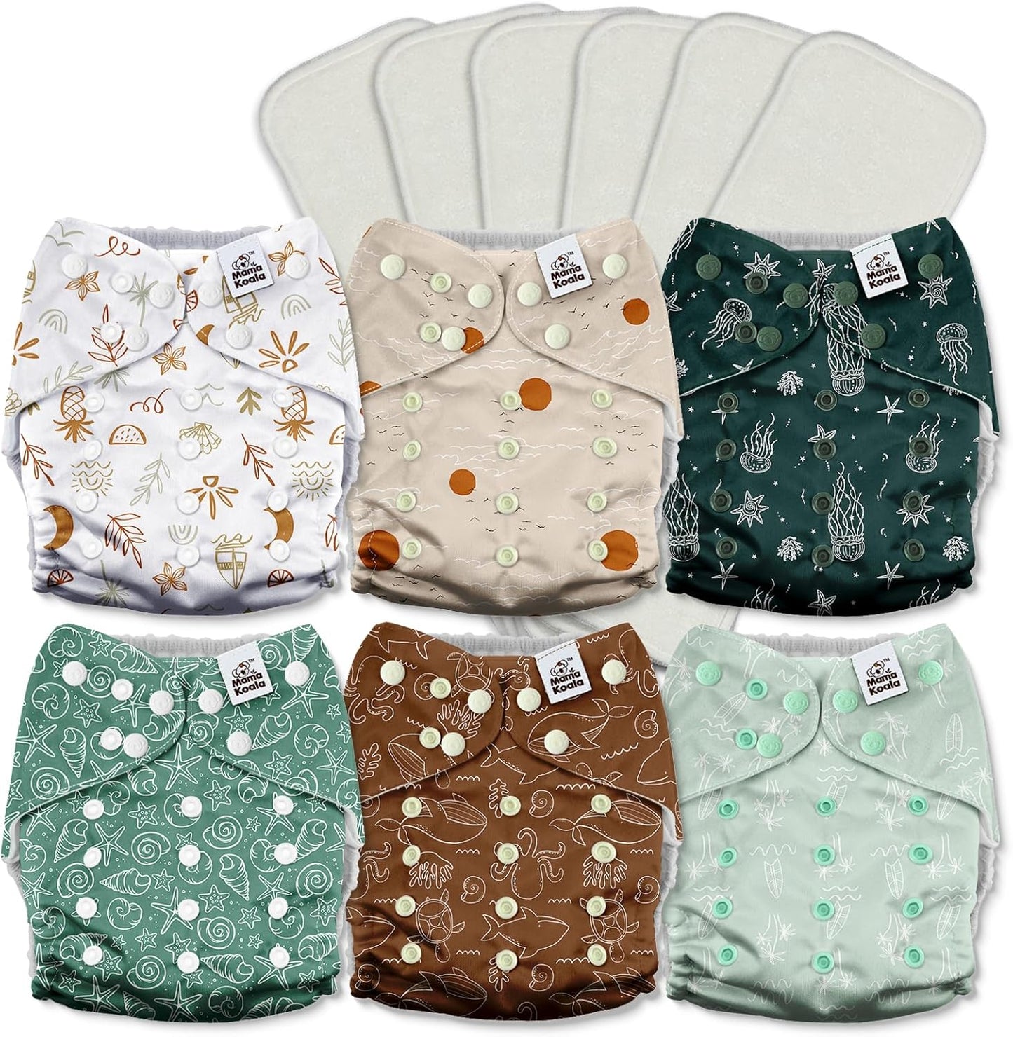 Mama Koala 3.0 Pocket Cloth Diapers for Babies with AWJ Lining, 6 Pack with 6 4-Layer Natural Cloth Diaper Inserts - Reusable and Washable Pocket Diapers(Hardworking Bees) - Colors B
