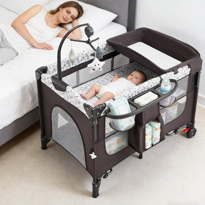 5-in-1 Baby Bassinet Bedside Sleeper with Swing Tube Converts to Cradle, Baby Crib with Mattress, Detachable Diaper Changer, Mosquito Net and Toy - Black