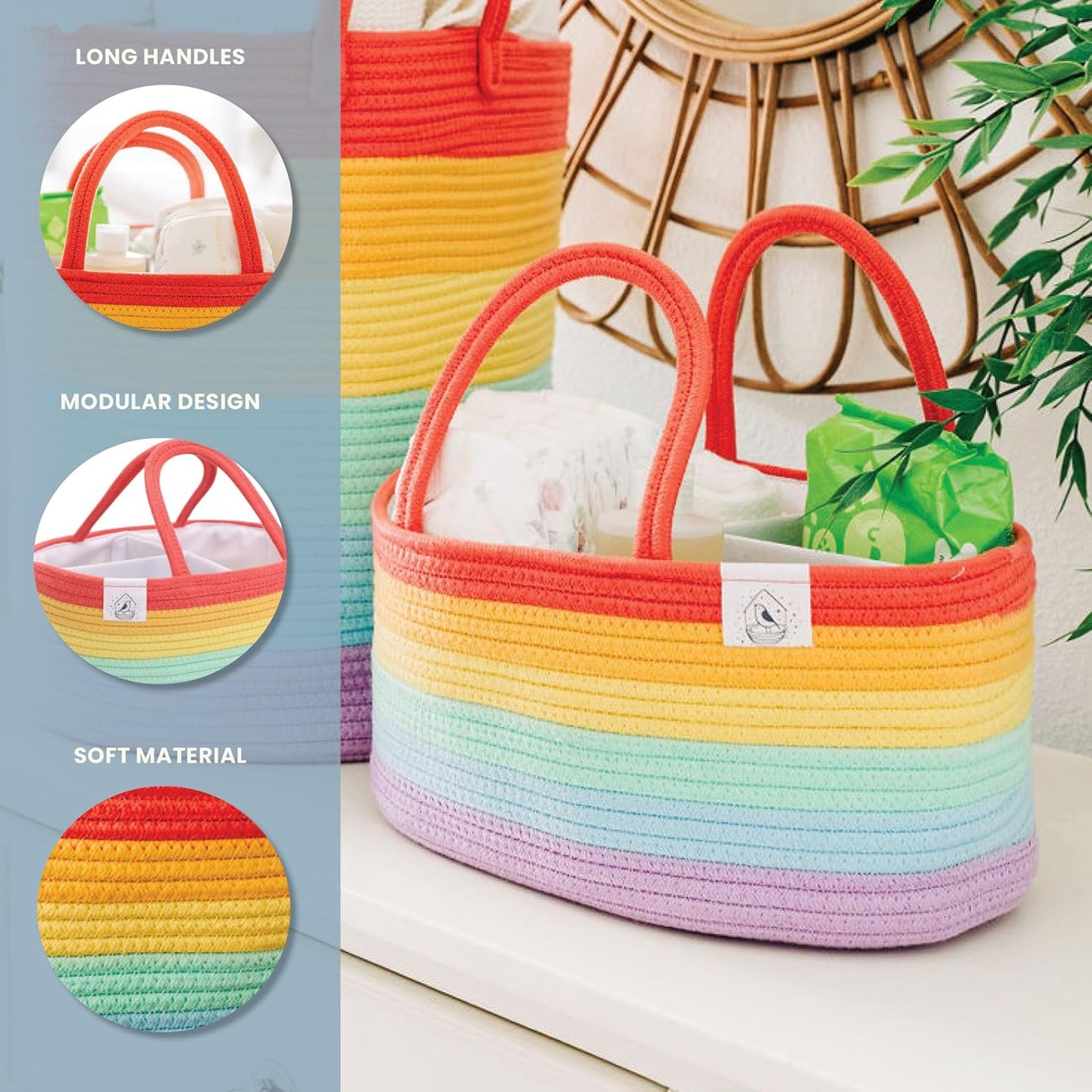 OrganiHaus Pastel Rainbow Nursery Storage Basket, Cotton Rope Toy & Diaper Caddy Organizer with Handles, Baby Diaper Organizer, Foldable Design, Machine Washable, Ideal for Baby Room & Laundry