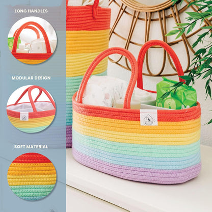 OrganiHaus Pastel Rainbow Nursery Storage Basket, Cotton Rope Toy & Diaper Caddy Organizer with Handles, Baby Diaper Organizer, Foldable Design, Machine Washable, Ideal for Baby Room & Laundry