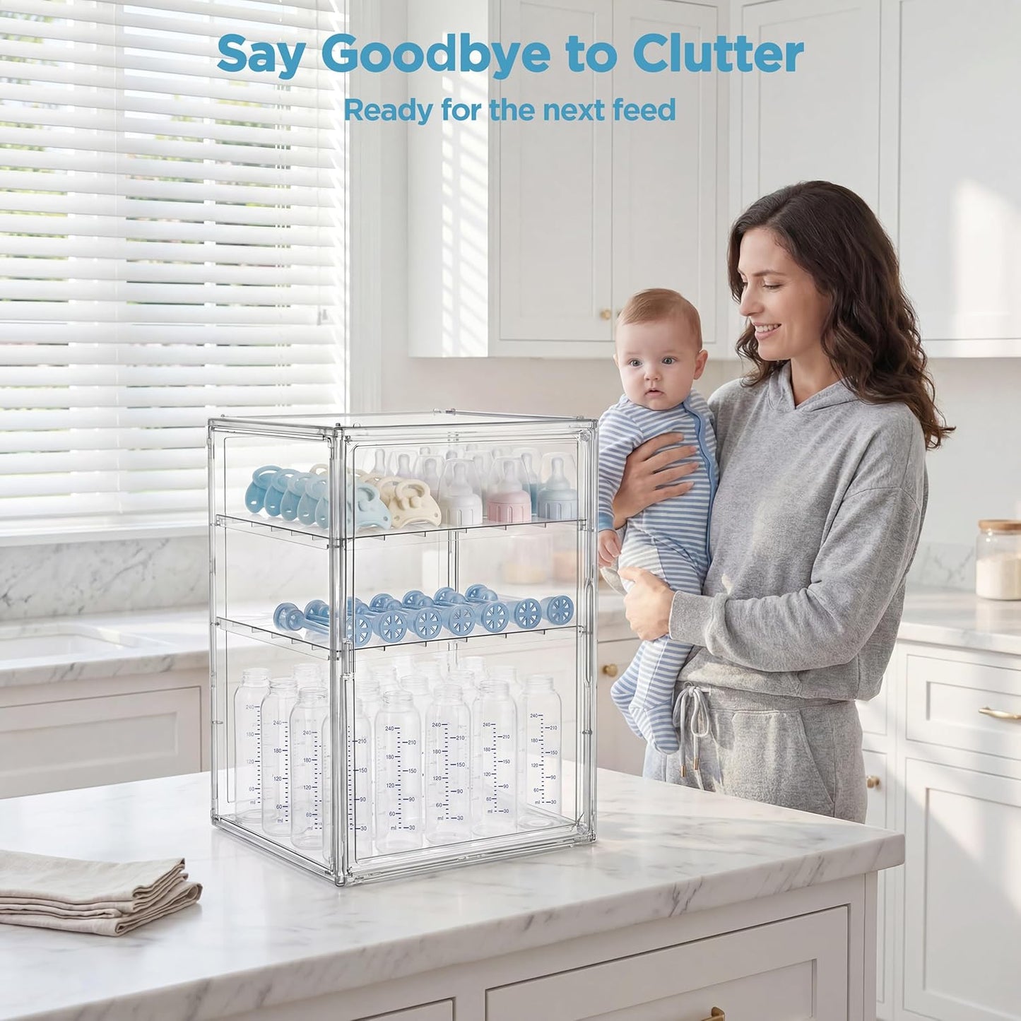 HBlife Baby Bottle Storage Organizer for Countertop Cabinet, 3 Tiers Adjustable Clear Acrylic Bottles Storage Station Case Box Container with 2 Removable Dividers and Magnetic Door, Large