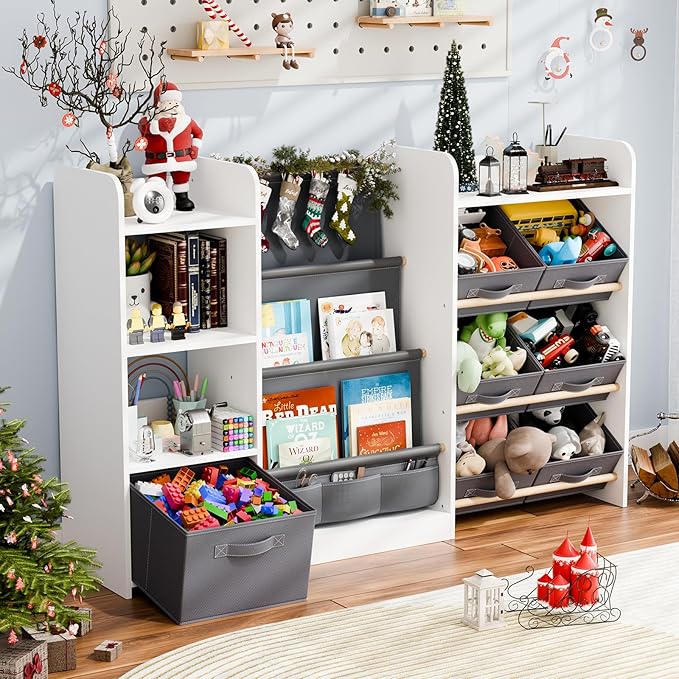 IKALIFE Kids Toy Book Storage Organizer - Large Bookshelf with 7 Removable Bins, Baby Bookshelf and Toy Storage, 4-Tier Book Shelf for Kids Room, Playroom, Classroom, 55 inch, Cream