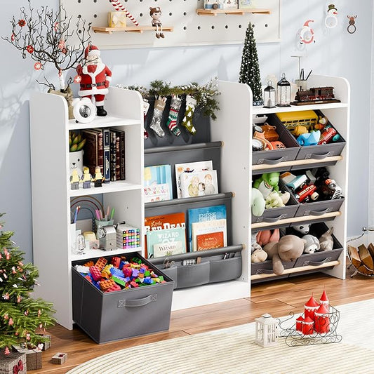IKALIFE Kids Toy Book Storage Organizer - Large Bookshelf with 7 Removable Bins, Baby Bookshelf and Toy Storage, 4-Tier Book Shelf for Kids Room, Playroom, Classroom, 55 inch, Cream