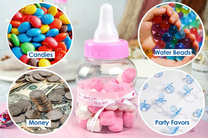 Evershine Plastic Baby Bottle Bank, 13" Blue Fillable Baby Shower Bank, Plastic Jumbo Baby Favor Bottle Centerpiece