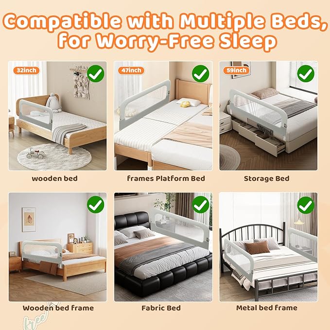 omzer Large Bed Guard Rail for Toddlers - 59inch Foldable & Adjustable Heights Baby Bed Safety Railing - Toddler Long Bed Rails Guard for Twin, Bunk, Queen & King, Full Size Bed