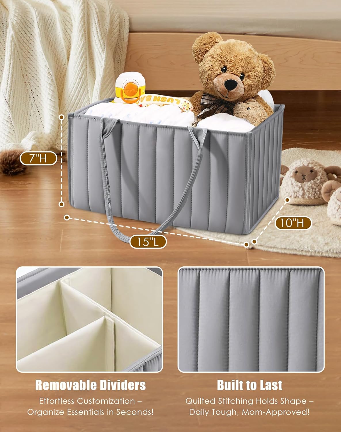 SWEET DOLPHIN 2-Pack Quilted Diaper Caddy Organizer – Premium Puffer Style Nursery Storage Bins – Water-Resistant & Wipeable Changing Table Organizer – Trendy Tote for Home & Car Travel - Mocha Brown