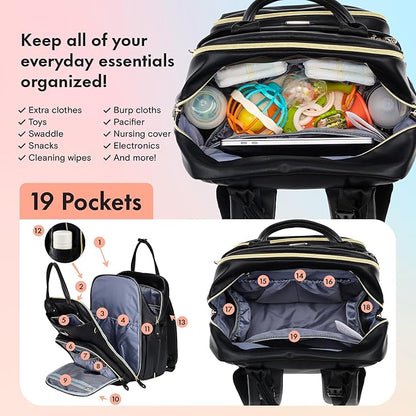Dikaslon Leather Diaper Bag Backpack with Portable Changing Pad, Pacifier Case and Stroller Straps, Large Unisex Baby Bags for Boys Girls, Multipurpose Travel Back Pack for Moms Dads, Black