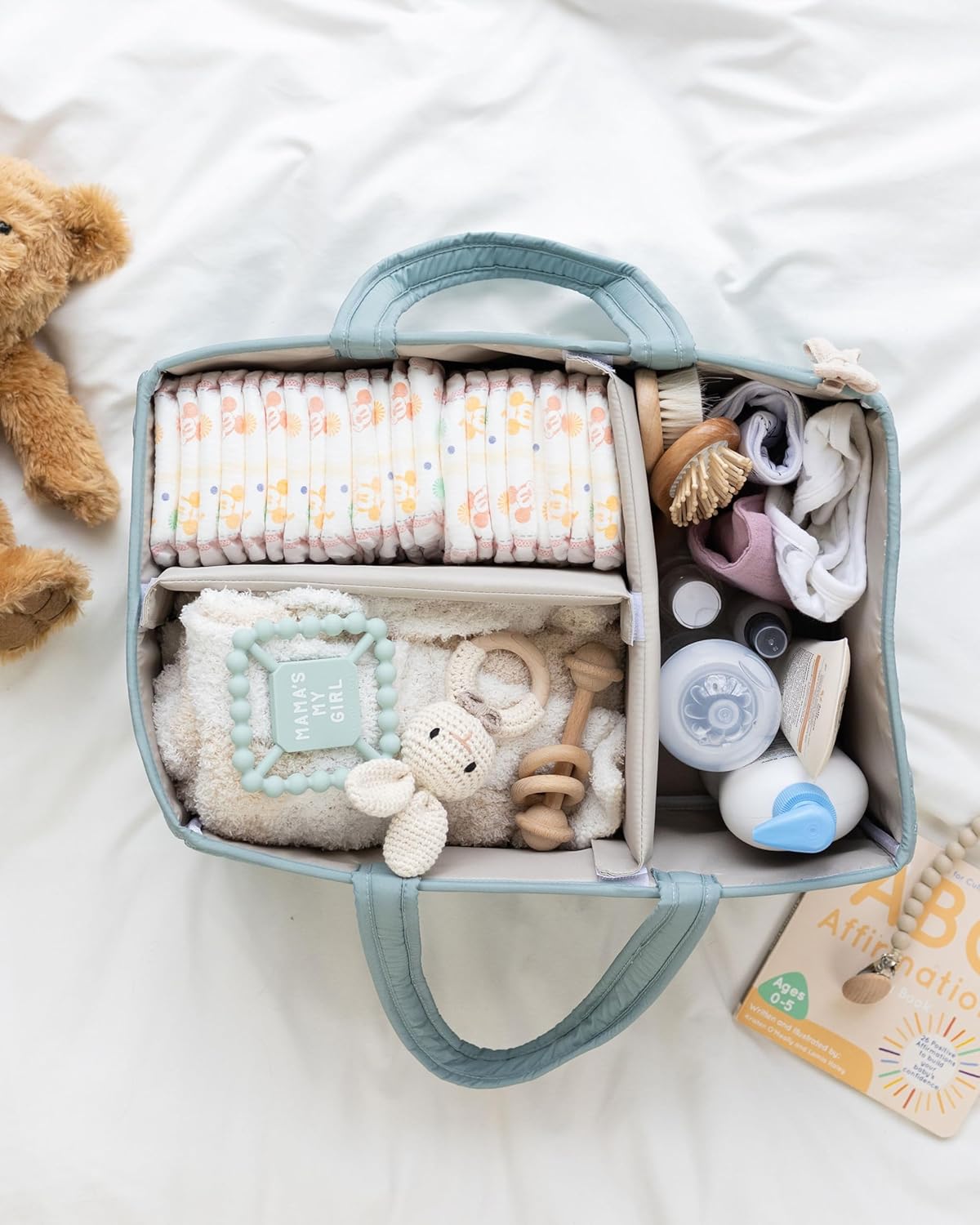 Lily Miles Baby Diaper Caddy Organizer, Quilted Nursery Storage Basket for Newborn Essentials and Diaper Changing Station, Gift for Baby Shower and Registry Must-Have (Willow Green)