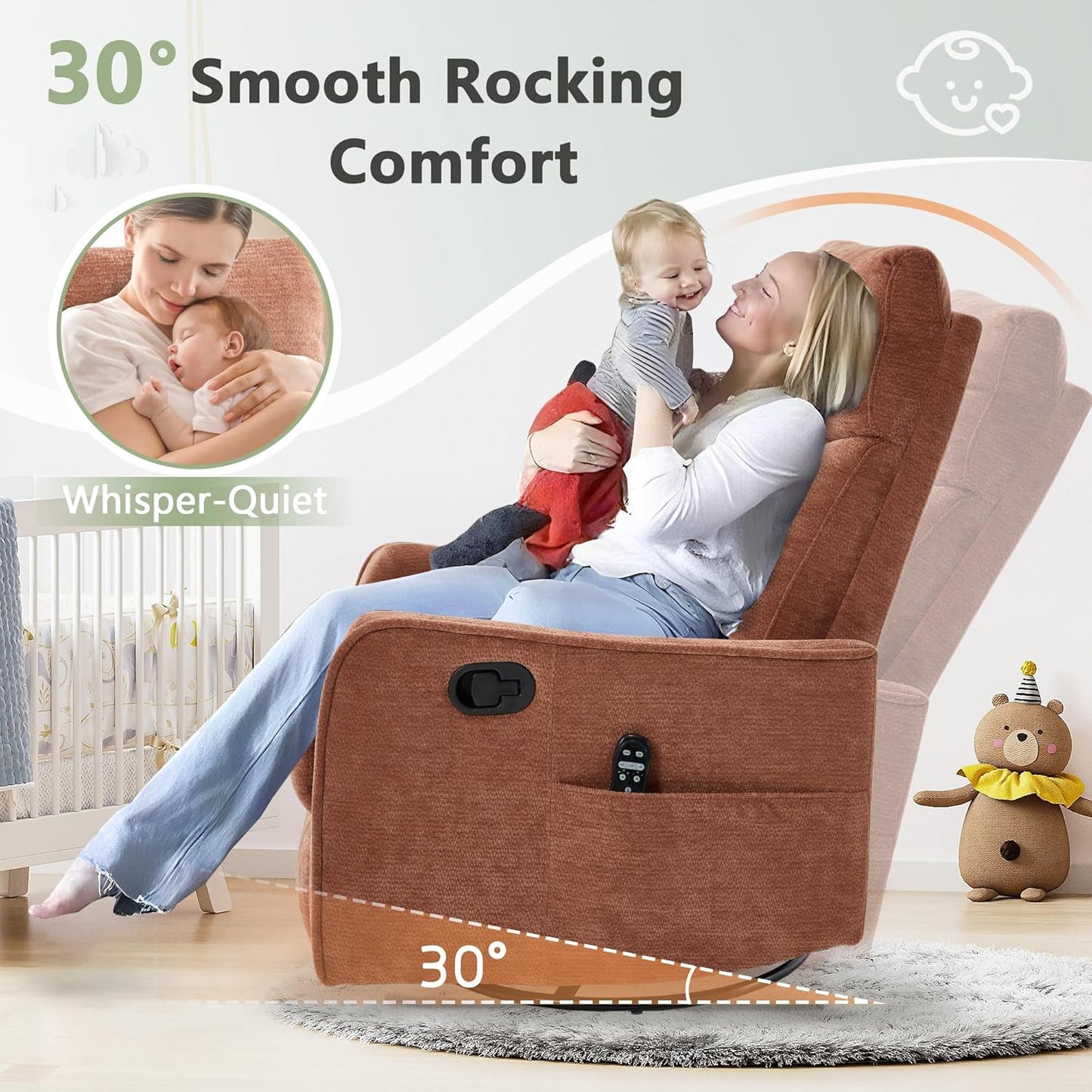 cinkehome Swivel Rocker Recliner, Glider Rocker Recliner Chair for Nursery, Manual Reclining Chair with Heated Massage, Small Spaces, Living Room, Khaki Chenille