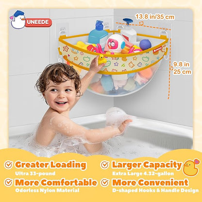 UNEEDE 4.32 Gallons Duck Print Corner Mounted Bath Toy Storage Holder, Yellow Mesh Shower Caddy for Bathtub Organizer, Quick Dry Holder