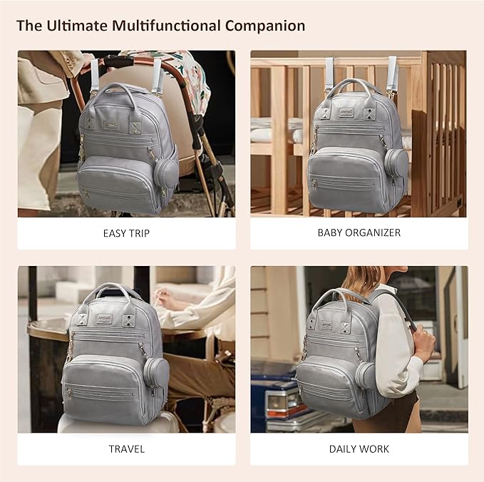 ROSEGIN Premium Vegan Leather Diaper Bag Backpack with Waterproof Changing Pad, Reinforced Zippers & Odor-Free, 20 Pockets Pro Organizer, Fits 15.6" Laptop, Stroller Straps, Baby Bag for Mom, Grey