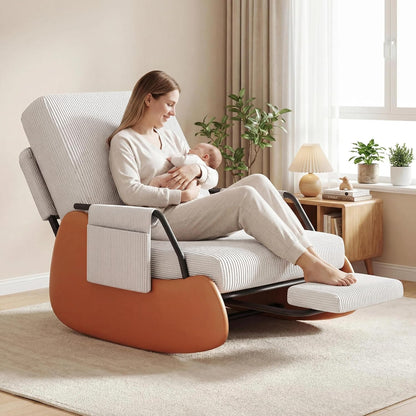 Furniliving Modern Glider Rocking Chair, Upholstered Nursery Glider Chair with Adjustable Recline & Retractable Footrest, Comfortable Lounge Chair for Mom Nursery Living Room Bedroom Grey