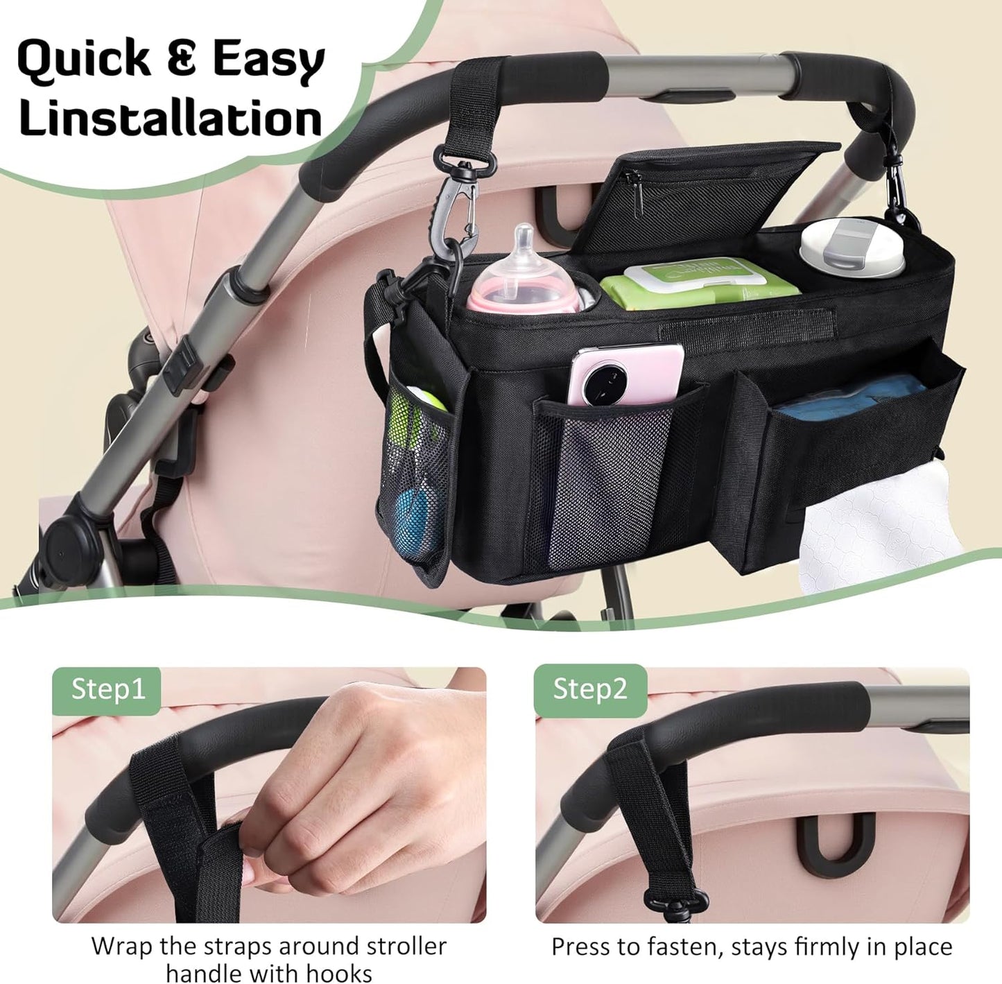 INFANZIA Universal Adjustable Stroller Organizer with Insulated Cup Holders, Phone Bag & Detachable Shoulder Strap, Fits Uppababy, Doona, Britax, Jogging Strollers and Most Baby Strollers (Black)