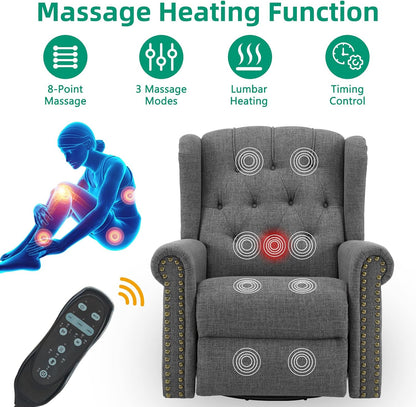 VIVIJASON Power Swivel Rocking Recliner Chair with Massage & Heat, Electric Rocker Nursery Glider Chair, Wingback Tufted Upholstered Recliner W/Type-C & USB Ports for Living Room, Bedroom, Beige