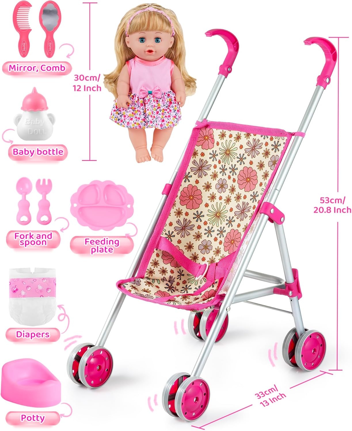 GAGAKU Baby Doll Stroller for Toddlers, Foldable Toy Stroller with Storage Basket and Bag, Diapers - Reborn Doll Accessories for Girls & Kids Ages 3+, Pink