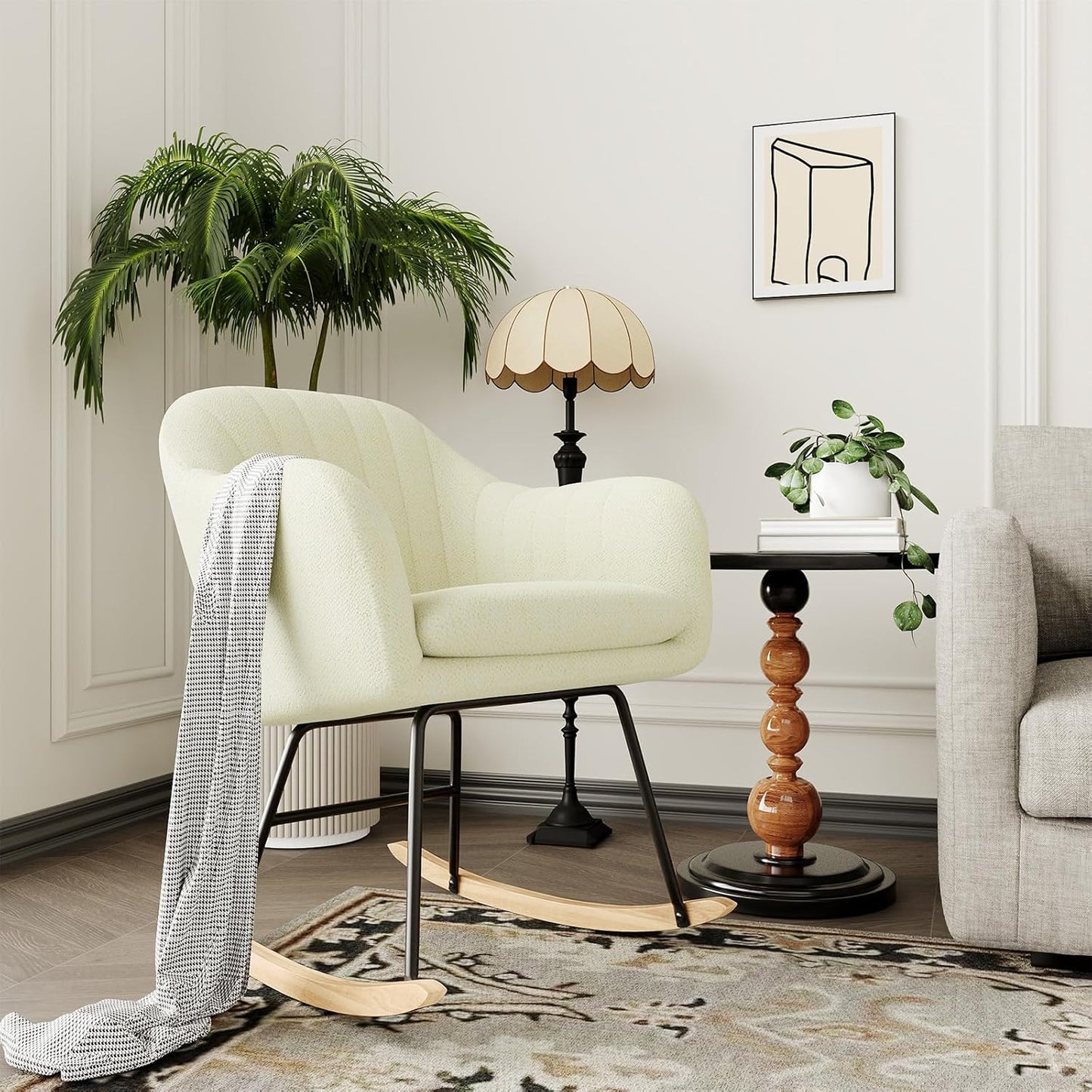 GarveeHome Nursery Rocking Chair, Upholstered Chenille Glider Rocker Chair, Modern Armchair With Wood Legs, Indoor Comfy Accent Chair Nursing Chairs Holds Up to 350 LBS for Living Room, Bedroom, Beige
