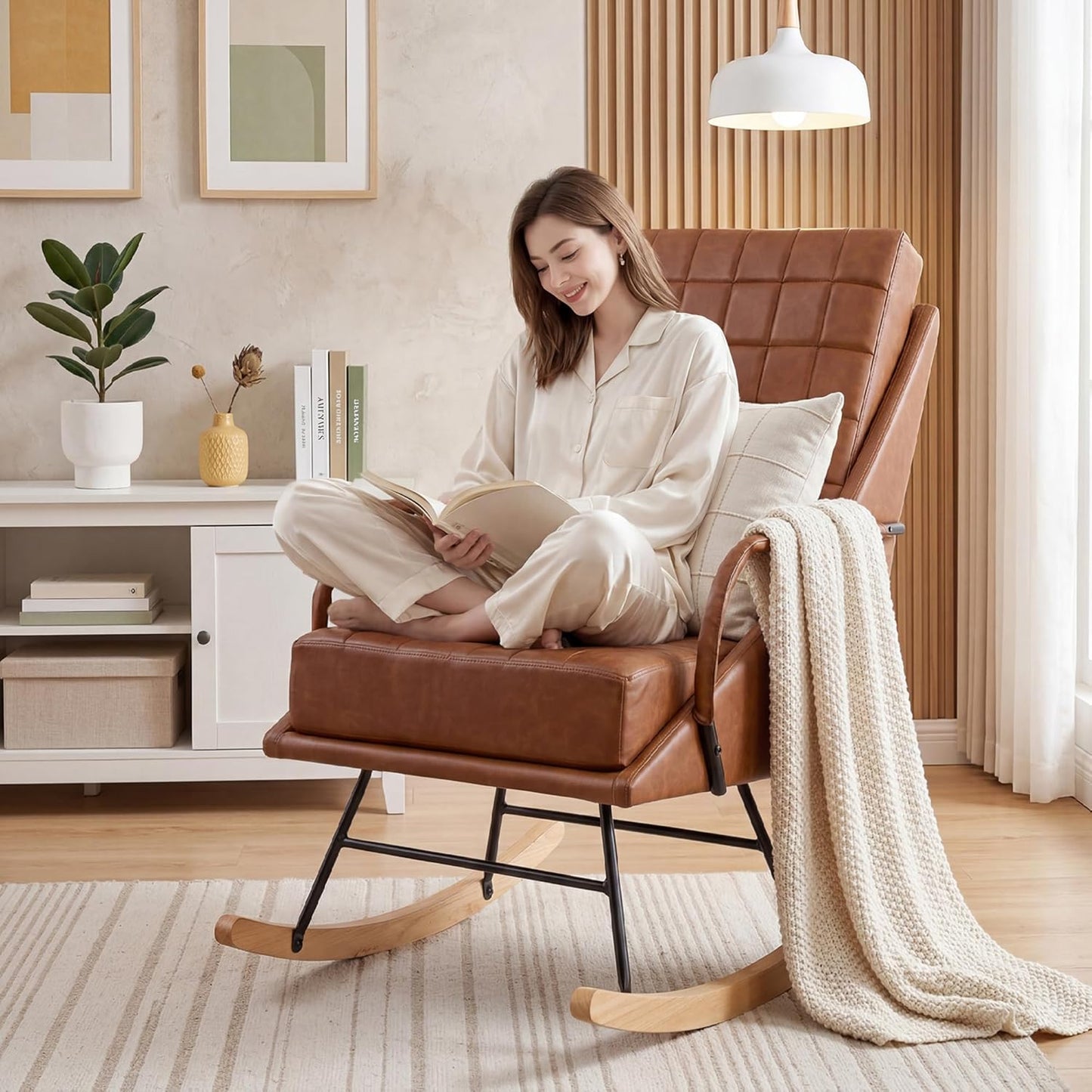 VECELO Rocking Chair Nursery, Oversized Leather Glider Rocker with Padded Cushion, Upholstered Removable High Back, Brown