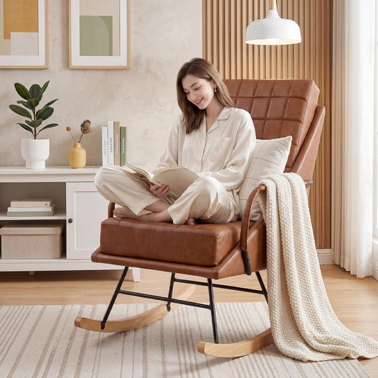 VECELO Rocking Chair Nursery, Oversized Leather Glider Rocker with Padded Cushion, Upholstered Removable High Back, Brown