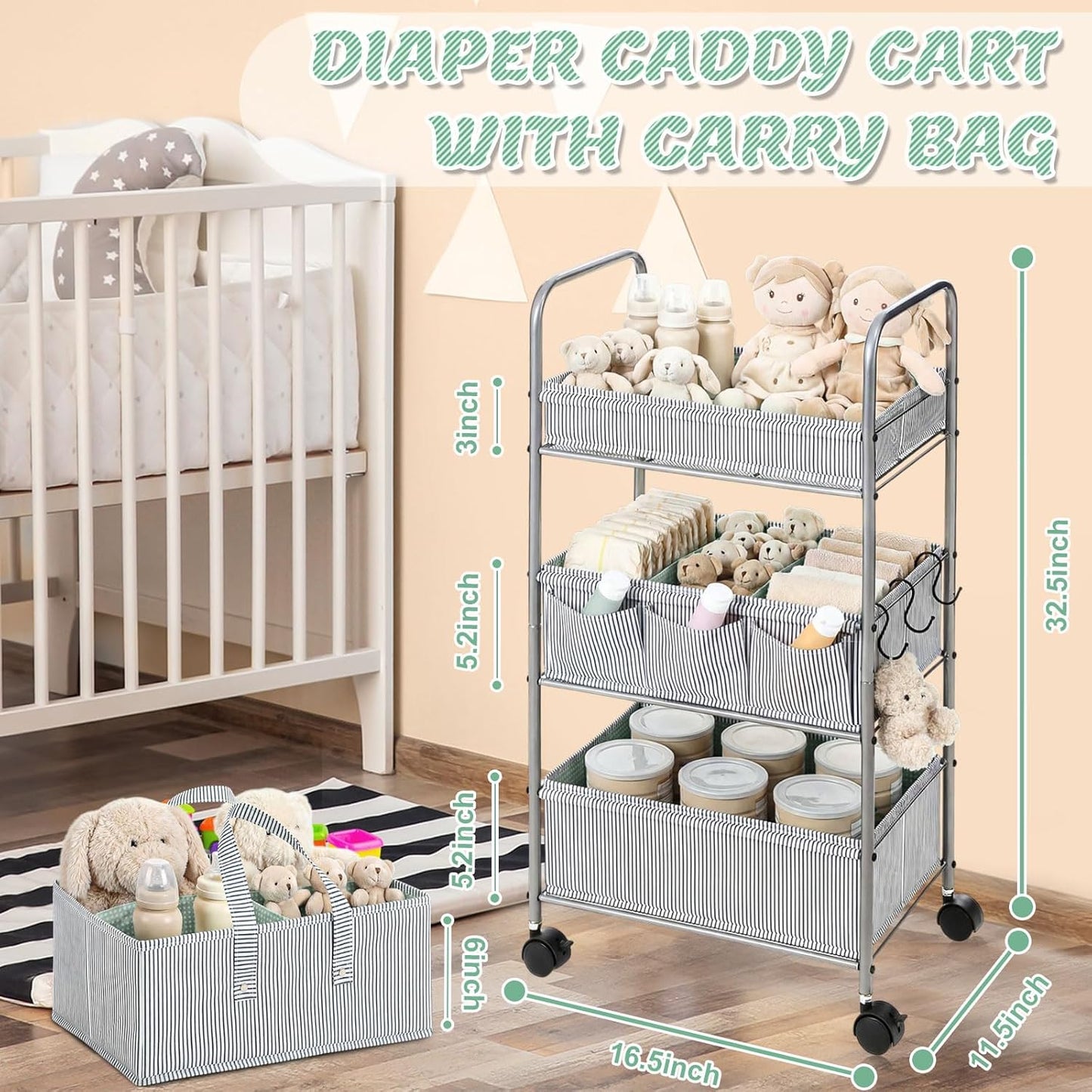 WILLBOND 2in1 Baby Diaper Caddy Organizer Cart, 3 Tier Large Capacity Metal Utility Bedside Rolling Cart with Divider for Newborn Registry Nursery Essential Must Have Gift Baby Shower Bedroom(Pink)