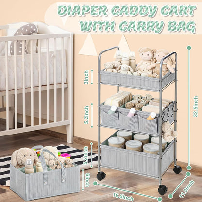 WILLBOND 2in1 Baby Diaper Caddy Organizer Cart, 3 Tier Large Capacity Metal Utility Bedside Rolling Cart with Divider for Newborn Registry Nursery Essential Must Have Gift Baby Shower Bedroom(Pink)