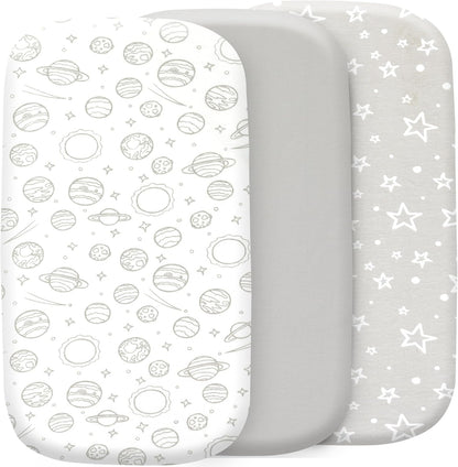 3-Pack Bedside Sleeper Bassinet Sheets | GOTS Certified Organic 100% Muslin Cotton | Ultra Soft & Breathable | 33×20×4” Fitted Sheets | Universal Fit 29–33” x 17–21” Pads